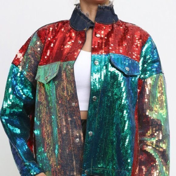 Callie Lives Celebration: Multi-Color Block Sequin Denim Jean Jacket M/L/XL - Picture 10 of 12